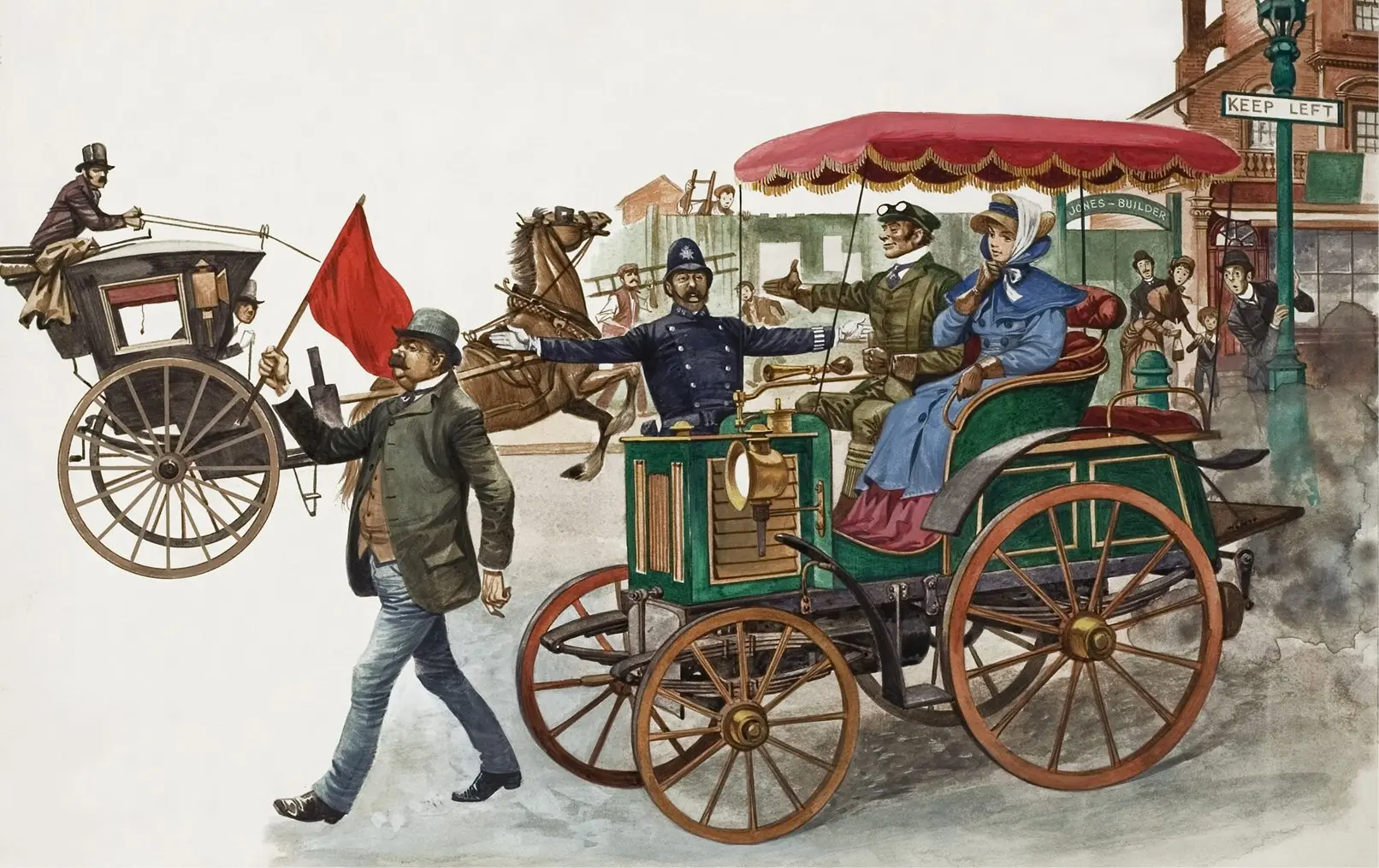 Red Flag Act fra 1865 krævede, at en flagbærer gik foran køretøjet, mens det kørte ned ad gaden (ophævet i 1896). Et eksempel på uønsket "menneskelig indblanding".