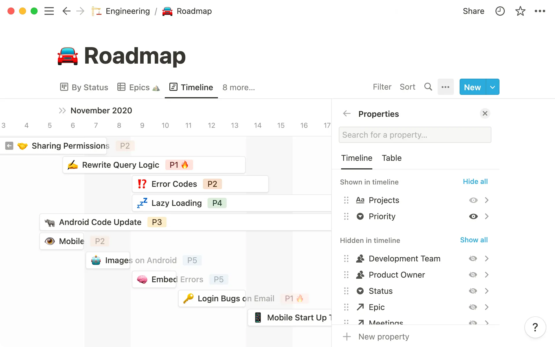 You can customize which properties are displayed on your timeline view.