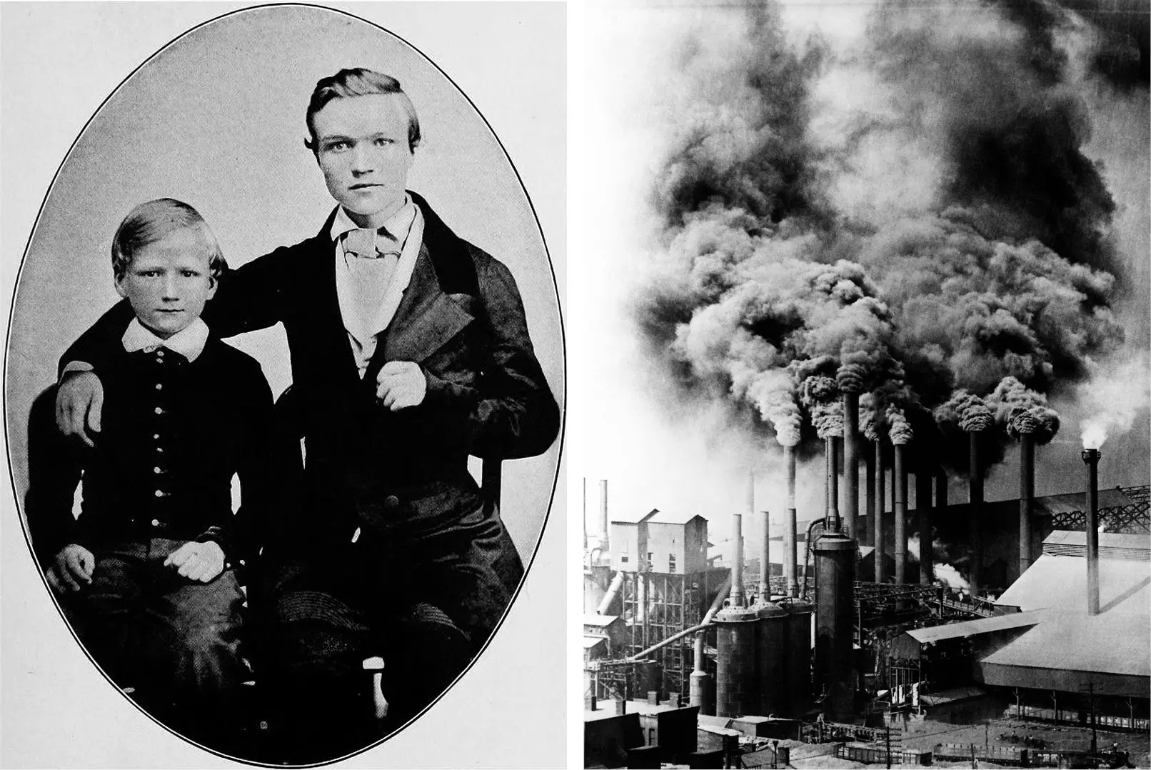 Til venstre: den unge Andrew Carnegie og hans yngre bror. Højre: Stålfabrikkerne i Pittsburgh i den gyldne tidsalder.