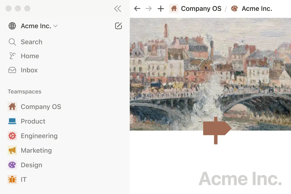 Notion sidebar showing Company OS and Product team workspaces