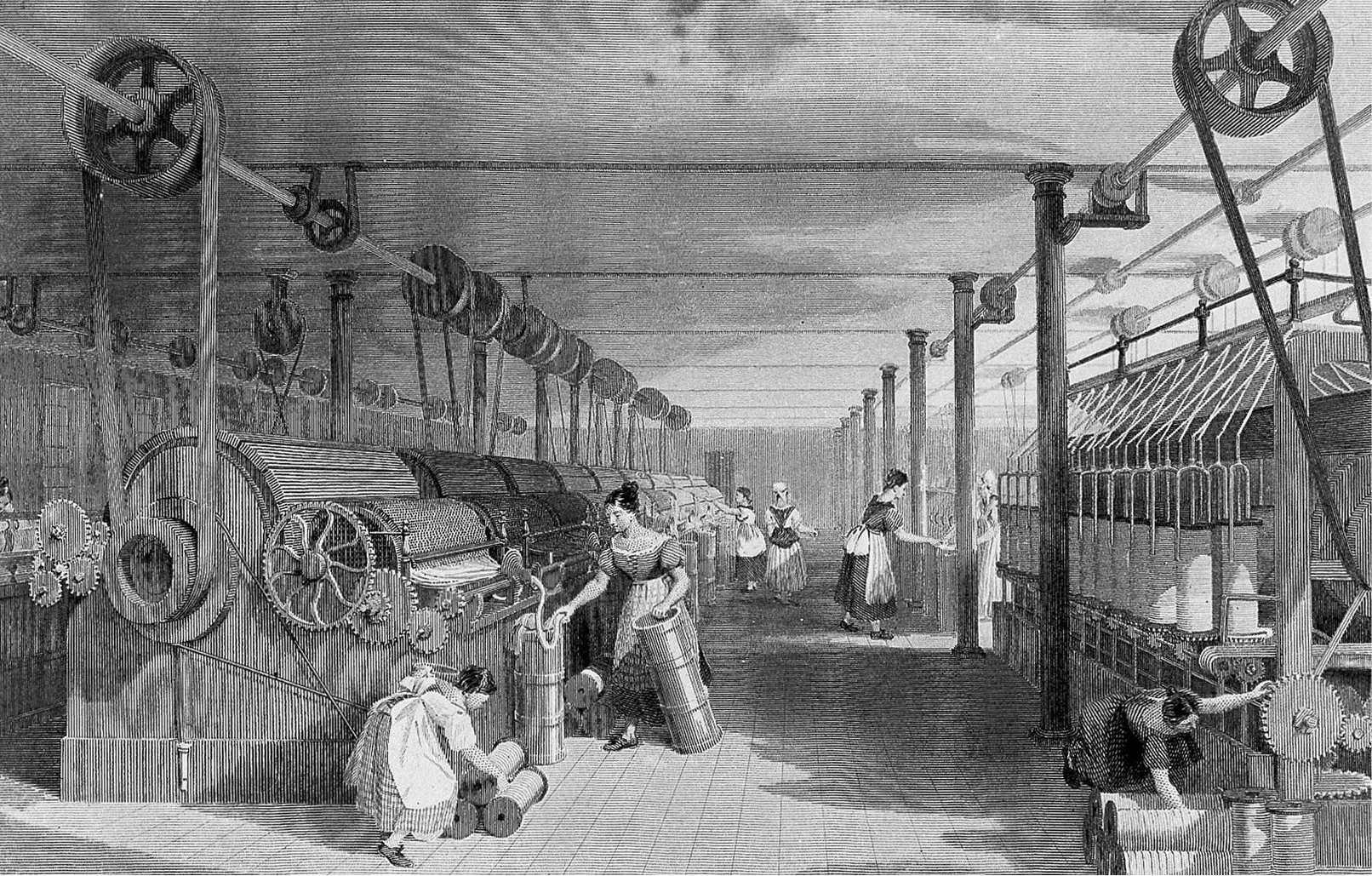 Dette kobberstik fra 1835 af Thomas Allom viser en tekstilfabrik i Lancashire, Storbritannien. Den blev drevet af dampmaskiner.