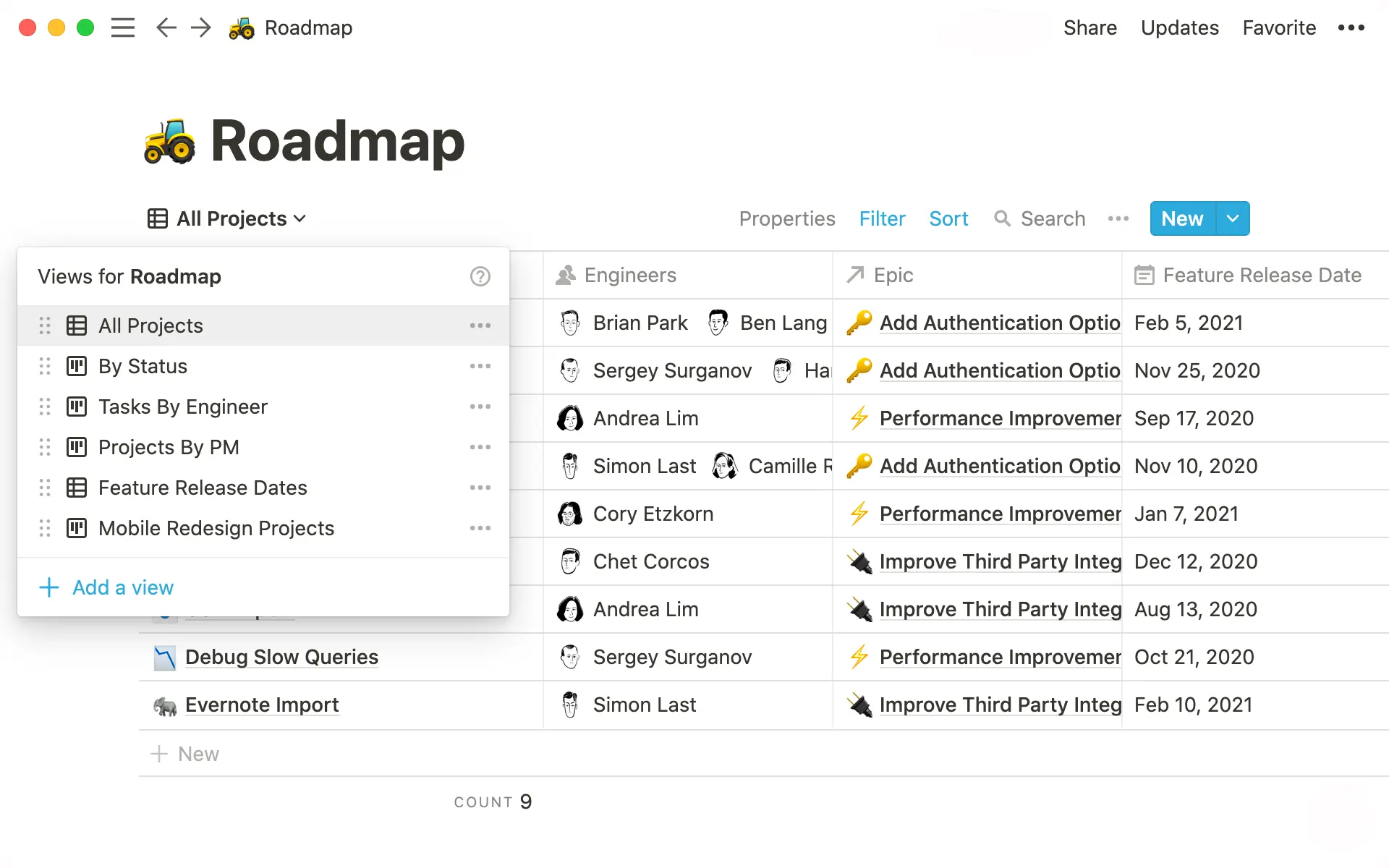 Database views -screenshot
